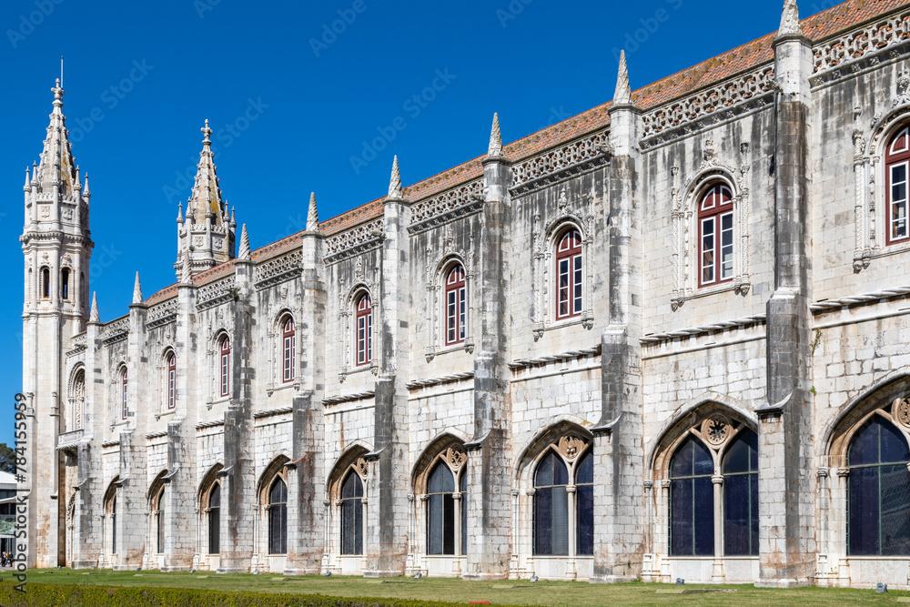 White LimeStone Facade of Mosteiro dos Jeronimos Monastery, Lisbon, Portugal