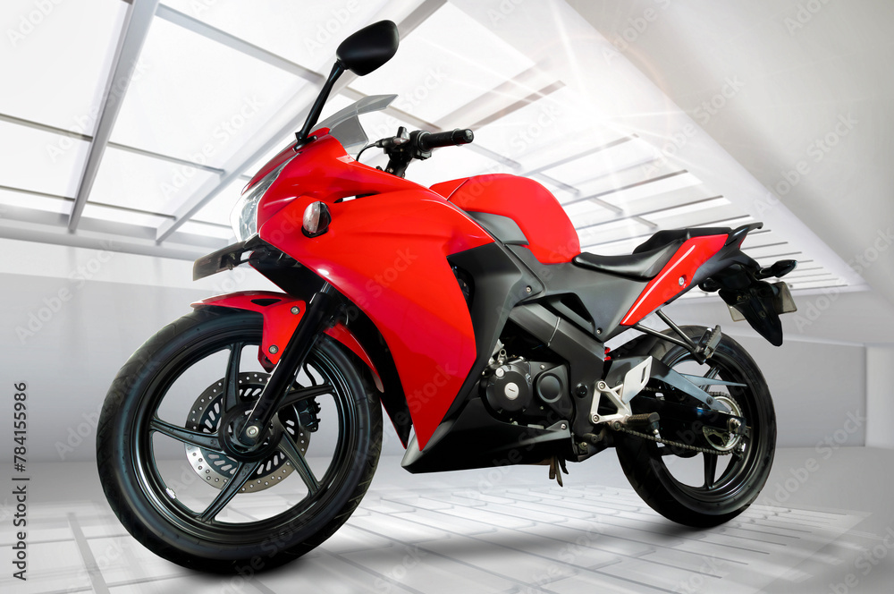 full side view of red sports type motorbike with fuel injection system, 250 cc engine,