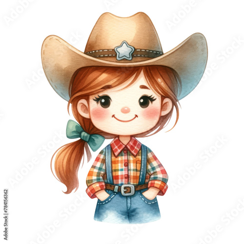Watercolor cute cowgirl, Cowboy concept, American culture.