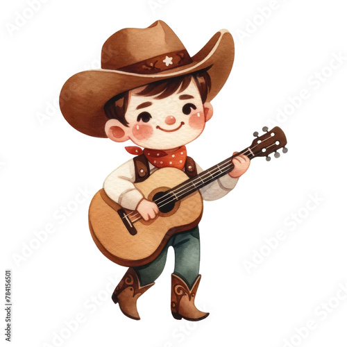 Watercolor cute cowboy playing a guitar, Cowboy concept, American culture.