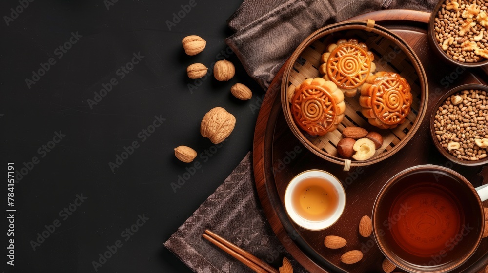 Top view of tea table party with mooncakes and nuts on wooden tray and set of tea on black background. Top view of tea table party with mooncakes and nuts on wooden tray and set of tea on black background.