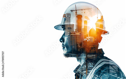 Construction Worker Engineer Silhouette with Cityscape Buildings Double Exposure - urban development, construction industry, urban planning.