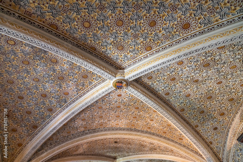 Decorative Antique Painted Wood Ceiling Inside Pena Palace, Sintra, Portugal