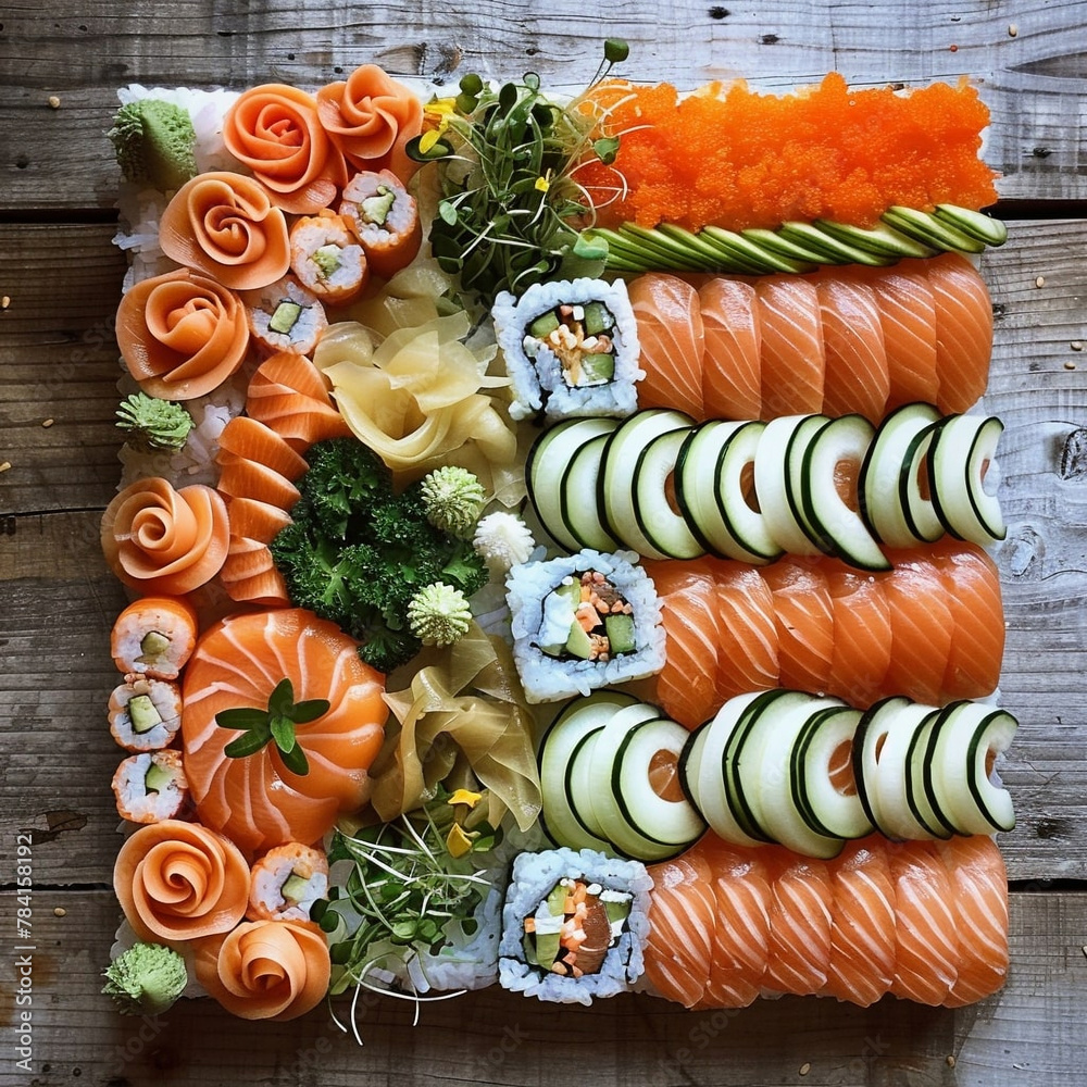 Colorful sushi with different types of sushi