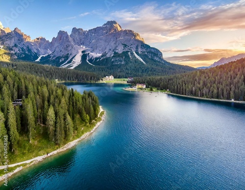 Aerial view of Misurina Lake coastline with forest along the coast at sunset