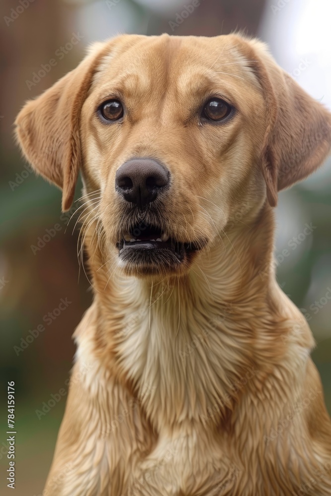 A golden Labrador Retriever looks intently at something out of frame, captured in a portrait with natural light highlighting the details of its wet fur and expressive eyes