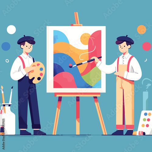 two artists create an abstract painting on canvas on world art day