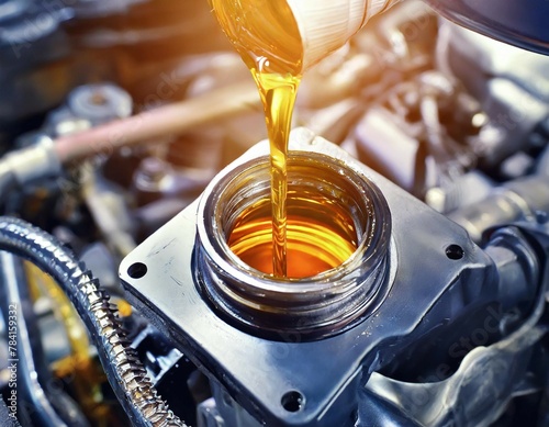 Motor oil in the mechanism of a car engine care for durability and efficiency. car engine with lubricant oil on repairing. Concept of lubricate motor