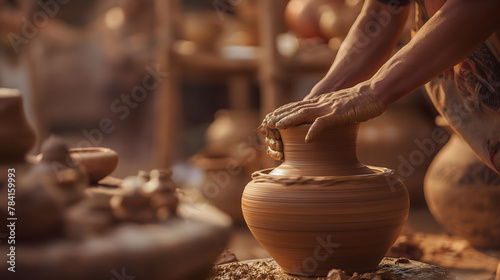 An artisan's hands skillfully shape wet clay on a pottery wheel, conveying craftsmanship and cultural heritage