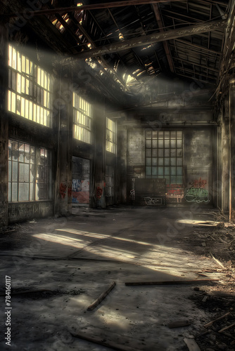 Light streaming through windows in an eerie, dilapidated industrial building with graffiti