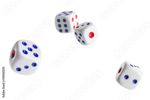 Four dice in air on white background
