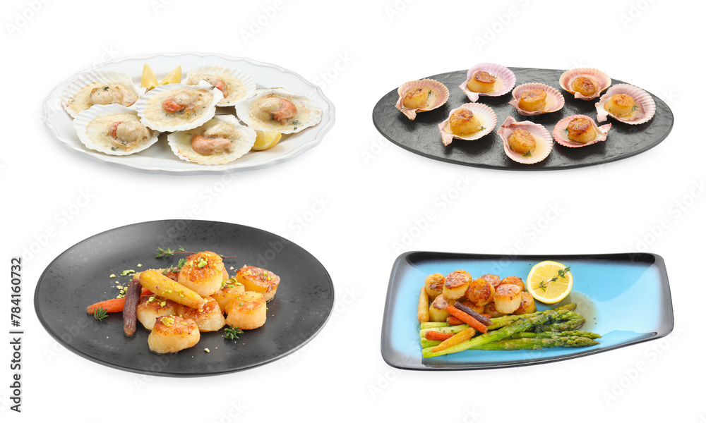 Delicious fried scallops isolated on white, set Delicious fried scallops isolated on white, set