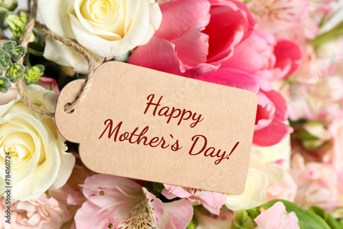 Happy Mother's Day greeting label and beautiful flowers