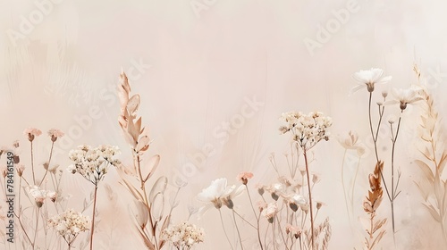 Boho style background with neutral pastel color style and natural floral elements. Aesthetic minimalism design for social media content. Simple beige chic elements. Calming and serene atmosphere © Ziyan Yang