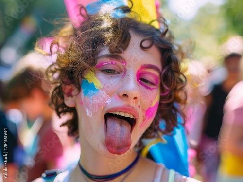 Joyful young person with colorful face paint at a festival
