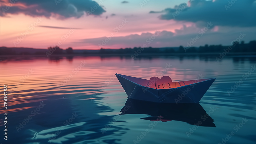 A romantic paper boat with a love note floats serenely on a calm lake under a colorful twilight sky.
