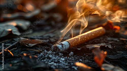 Close-up of a burning cigarette laying on ashy ground, with wisps of smoke rising, highlighting the dangers of smoking.
 photo