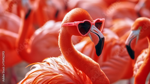 A quirky flamingo sports heart-shaped sunglasses, standing out among a flock, embodying fun and uniqueness.
