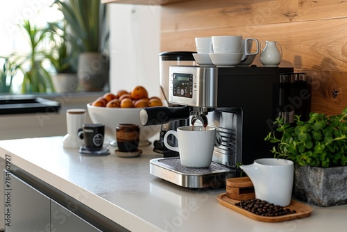 Modern kitchen with an espresso machine, coffee cups, and fresh fruit. photo