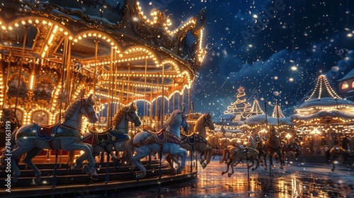Enthralling royal parade, carousel horses come to life, under starlit sky, dreamy realism