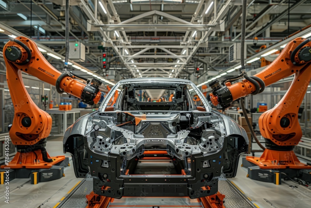 Industrial robots assembling a car chassis on a production line in a factory.