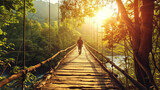 A person takes a peaceful walk on a rustic suspension bridge, surrounded by the lush greenery of a forest bathed in golden sunlight.

