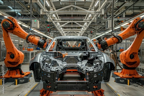Industrial robots assembling a car chassis on a production line in a factory. © RealizeXL