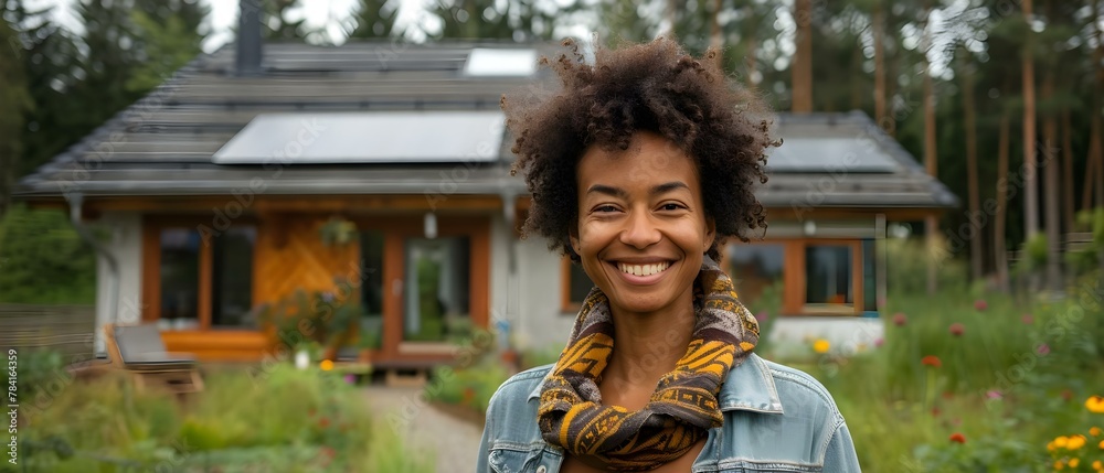 Smiling Individual Championing Sustainable Living, Eco-Home Backdrop. Concept Happy Environmental Advocate, Green Lifestyle, Sustainable Housing, Smiling Eco-Warrior - obrazy, fototapety, plakaty 