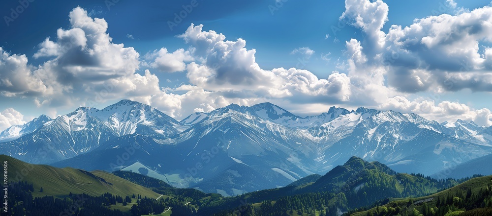 Beautiful view of the mountains with snowcapped peaks and clouds