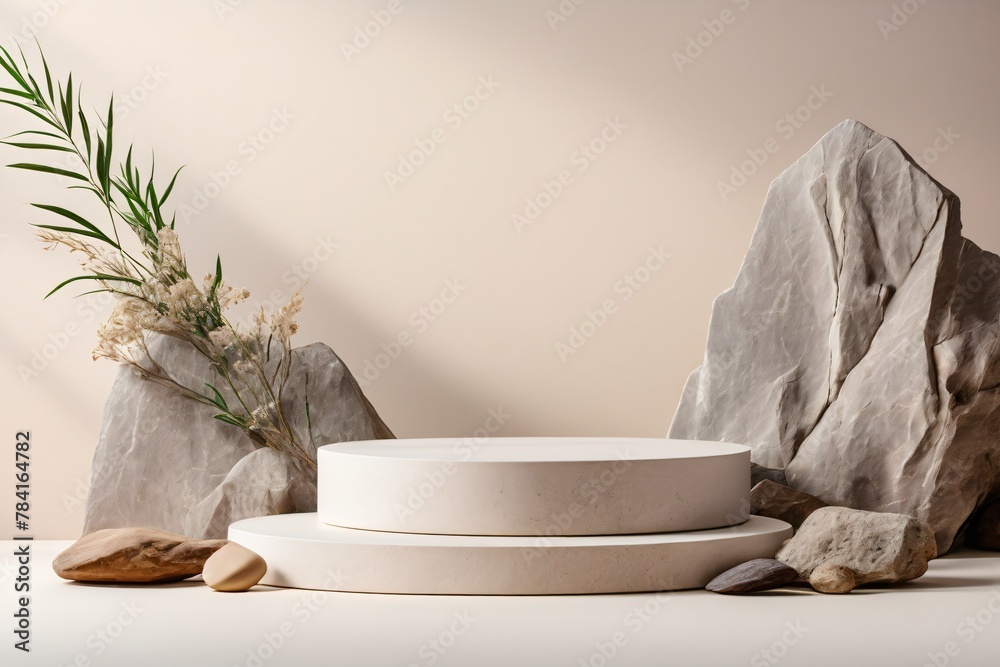 Empty natural rock podium for products presentation, beige background, natural ingredients