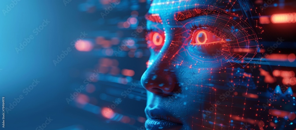 Close-up of a digital human face overlaid with a glowing cybernetic network, depicting advanced technology integration. Close-up of a digital human face overlaid with a glowing cybernetic network, depicting advanced technology integration.