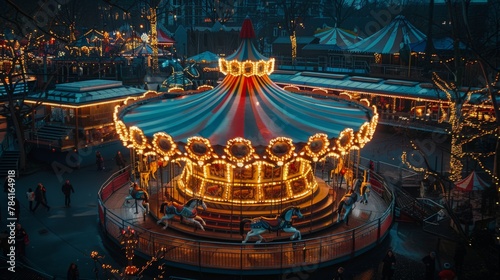 Aerial view of a circus parade winding past a beautifully lit carousel, evening glow photo