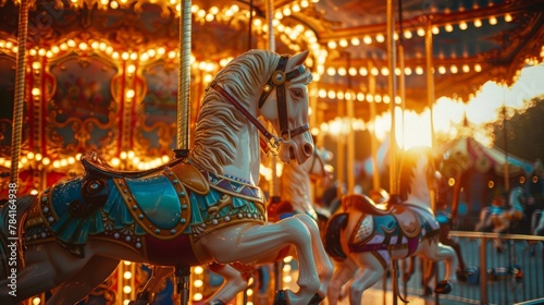 Vintage circus parade scene with a detailed, ornate carousel, golden hour lighting