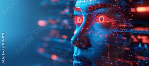 Close-up of a digital human face overlaid with a glowing cybernetic network, depicting advanced technology integration. #784164978