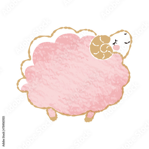 色鉛筆タッチのシンプルでかわいい目を閉じたモコモコの羊（横向き）
