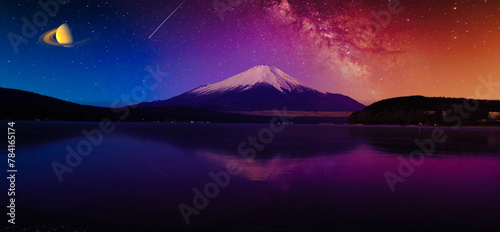 富士山にかかる月と星空合成 photo