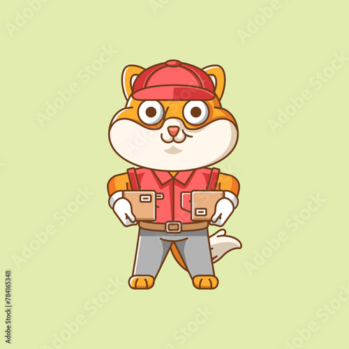 Cute shiba inu dog courier package delivery animal chibi character mascot icon flat line art style illustration concept cartoon