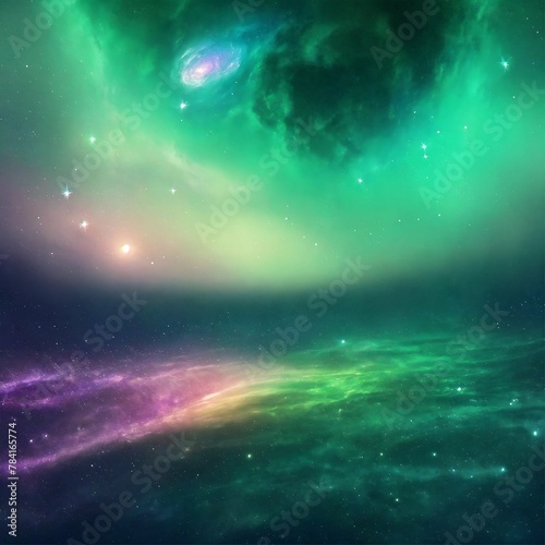 Night view of stras fantasy wallpaper, background, creative imagination, soft colors with green tints, ombre, vibrant, cosmic essence  galaxy  photo