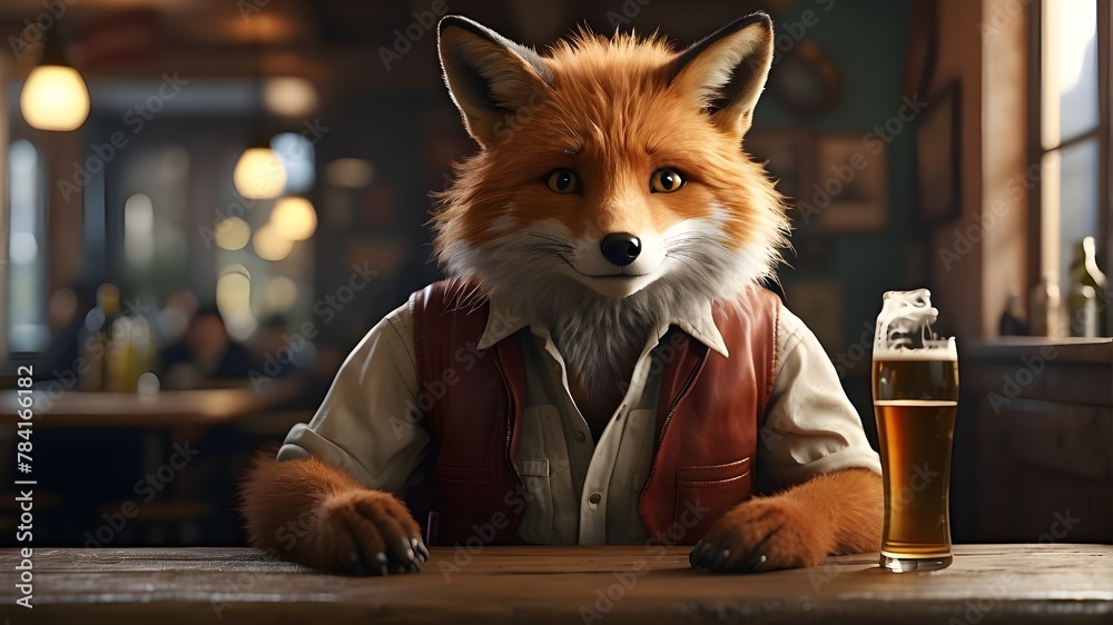 "Photorealistic Image, A humorous and lively scene depicting a fox sitting at a pub table, holding a beer mug with a mischievous expression, Realistic art style with detailed fur texture and realistic - obrazy, fototapety, plakaty 