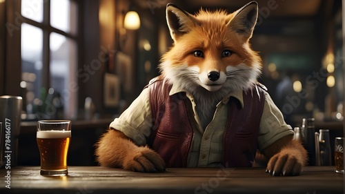 "Photorealistic Image, A humorous and lively scene depicting a fox sitting at a pub table, holding a beer mug with a mischievous expression, Realistic art style with detailed fur texture and realistic