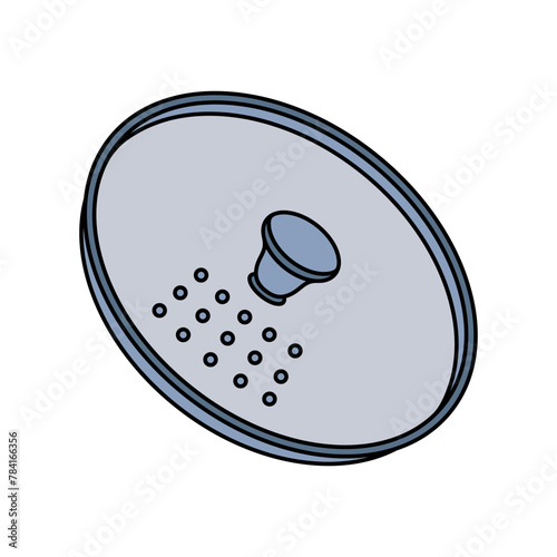 Glass lid vector icon. Round kitchen cover with a plastic handle, holes for steam and water. Tableware - cap for frying pan, pot, dish. Hand drawn color flat clipart. A simple sketch of utensil
