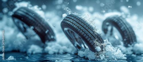 Tires Moving Through Snowy Terrain with Water Splashes - Movement and the concept of high-performance in snow conditions