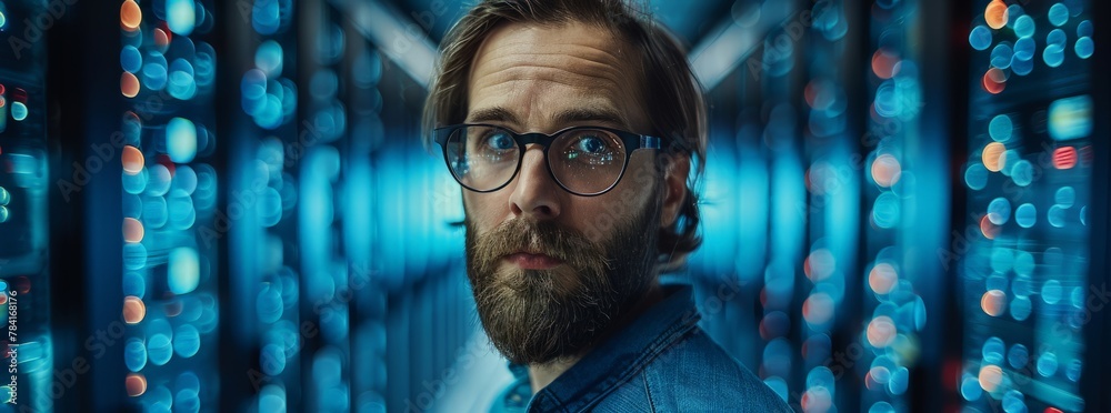 A focused IT specialist with glasses is surrounded by server racks, representing expertise in modern data infrastructure.