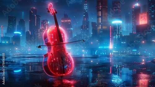 An elegantly designed cello glowing with internal LED lights, against a backdrop of a futuristic skyline