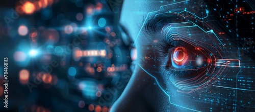 Close-up of a human eye with advanced cybernetic enhancements and glowing digital data interface elements.