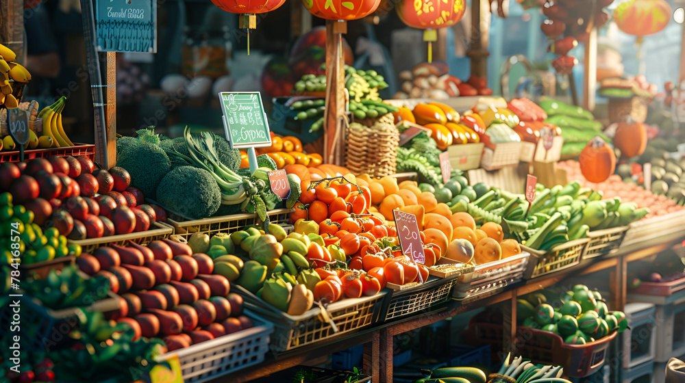 Obraz premium vegetables at the market, Asian food market, fresh vegetables and fruits.