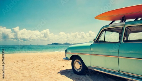 vintage car parked on the tropical beach (seaside) with a surfboard on the roof - Leisure trip in the summer. retro color effect