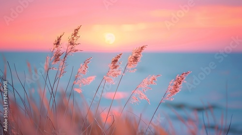 Selective soft focus of beach dry grass  reeds  stalks at pastel sunset light  blurred sea on background. Nature  summer.