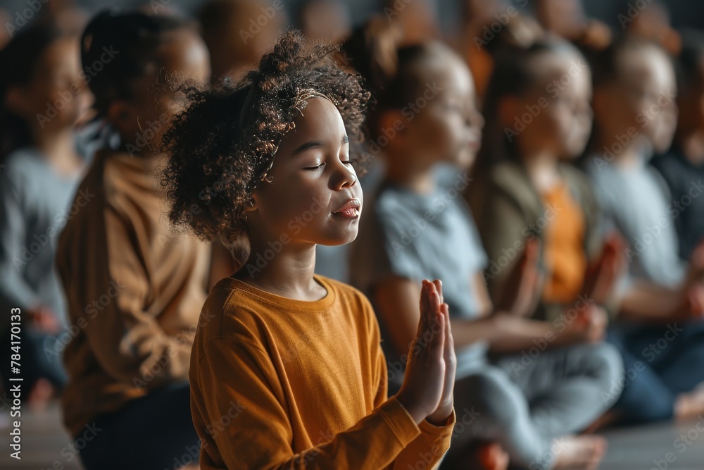 A group of kids sitting in a lotus position in a circle, with their eyes closed and hands in a meditation gesture, 