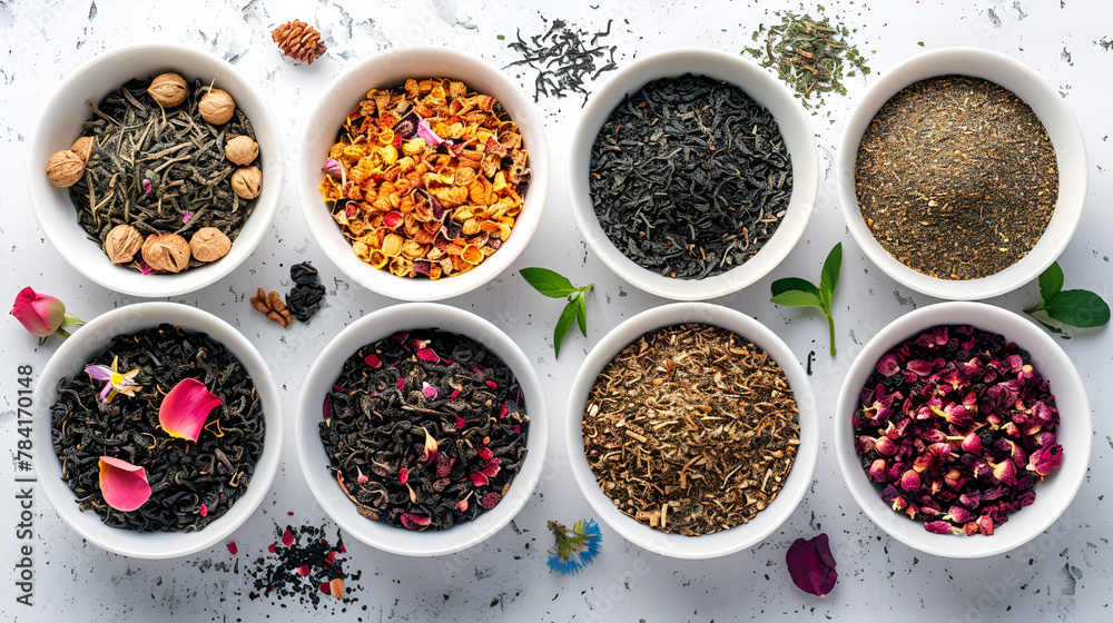 spices and herbs on white background, Assortment of dry tea in white bowls. Tea types background: green, black, floral, herbal, mint, melissa, ginger, apple, rose, lime tree, fruits, orange, hibiscus.